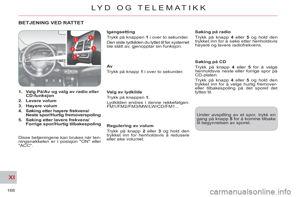 CITROEN C-CROSSER 2012 InstruksjonsbØker (in Norwegian) XI
166
LYD OG TELEMATIKK
BETJENING VED RATTET
1.
Valg På/Av og valg av radio eller
CD-funksjon
2.
Lavere volum
3.
Høyere volum
4.
Søking etter høyere fr CITROEN C-CROSSER 2012 InstruksjonsbØker (in Norwegian) XI
166
LYD OG TELEMATIKK
BETJENING VED RATTET
1.
Valg På/Av og valg av radio eller
CD-funksjon
2.
Lavere volum
3.
Høyere volum
4.
Søking etter høyere fr