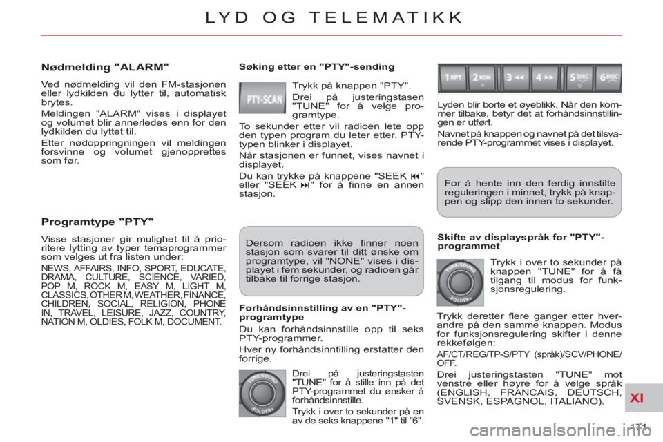 CITROEN C-CROSSER 2012 InstruksjonsbØker (in Norwegian) XI
171
LYD OG TELEMATIKK
Programtype "PTY"
Visse stasjoner gir mulighet til å prio-
ritere lytting av typer temaprogrammer
som velges ut fra listen under:
NEWS, AFFAIRS, INFO, SPORT, EDUCA CITROEN C-CROSSER 2012 InstruksjonsbØker (in Norwegian) XI
171
LYD OG TELEMATIKK
Programtype "PTY"
Visse stasjoner gir mulighet til å prio-
ritere lytting av typer temaprogrammer
som velges ut fra listen under:
NEWS, AFFAIRS, INFO, SPORT, EDUCA