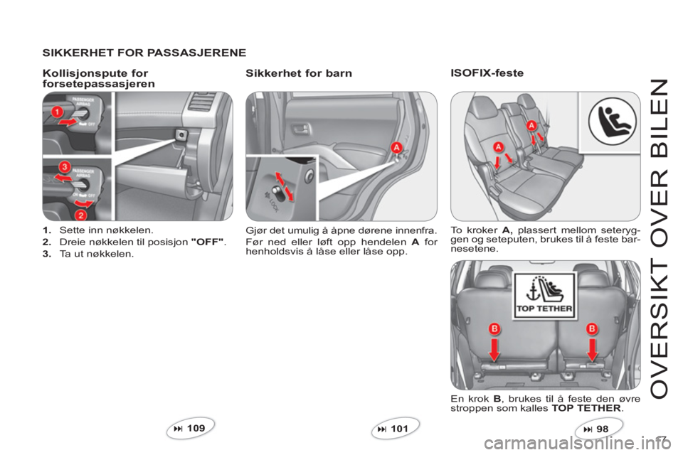 CITROEN C-CROSSER 2012  InstruksjonsbØker (in Norwegian) 17 
O
VER
S
IKT 
O
VER BILEN
   SIKKERHET FOR PASSASJERENE  
   
Kollis
jonspute for forsetepassasjeren Sikkerhet for barn 
1. 
 Sette inn nøkkelen.
2
.    Dreie nøkkelen til posisjon  "OFF".
3. 
  