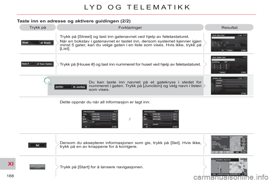 CITROEN C-CROSSER 2012  InstruksjonsbØker (in Norwegian) XI
/
188
LYD OG TELEMATIKK
   
Taste inn en adresse og aktivere guidingen (2/2) 
 
Trykk på 
  Forklaringer 
  Resultat 
  Trykk på [Street] og tast inn gatenavnet ved hjelp av føletastaturet. 
  N