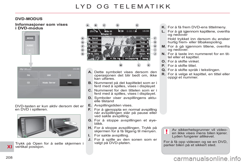 CITROEN C-CROSSER 2012  InstruksjonsbØker (in Norwegian) XI
!
208
LYD OG TELEMATIKK
DVD-MODUS
  DVD-tasten er kun aktiv dersom det er 
en DVD i spilleren. 
  Trykk på Open for å sette skjermen i 
vertikal posisjon.   Av sikkerhetsgrunner vil video-
en ikk