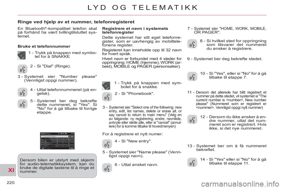 CITROEN C-CROSSER 2012 InstruksjonsbØker (in Norwegian) XI
220
LYD OG TELEMATIKK
Ringe ved hjelp av et nummer, telefonregisteret
En Bluetooth®-kompatibel telefon skal
på forhånd ha vært tvillingtilsluttet sys-
temet.
Bruke et telefonnummer
D CITROEN C-CROSSER 2012 InstruksjonsbØker (in Norwegian) XI
220
LYD OG TELEMATIKK
Ringe ved hjelp av et nummer, telefonregisteret
En Bluetooth®-kompatibel telefon skal
på forhånd ha vært tvillingtilsluttet sys-
temet.
Bruke et telefonnummer
D