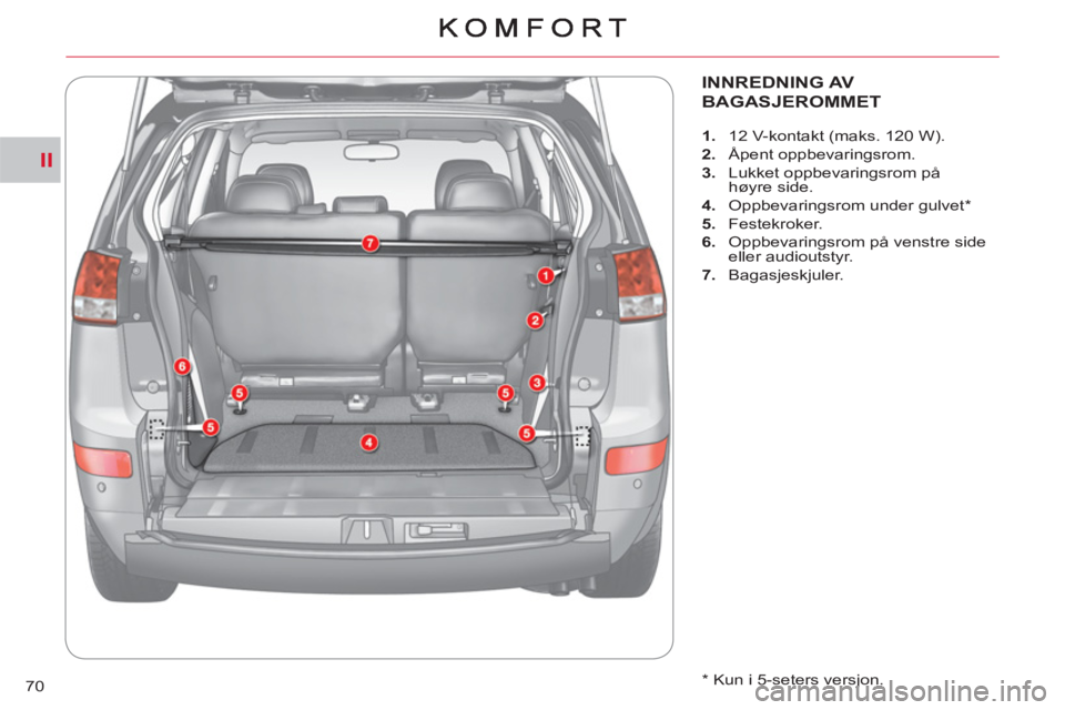 CITROEN C-CROSSER 2012  InstruksjonsbØker (in Norwegian) II
70
INNREDNING AV 
BAGA
SJEROMMET 
   
 
 
1. 
  12 V-kontakt (maks. 120 W). 
   
2. 
 Åpent oppbevaringsrom. 
   
3. 
  Lukket oppbevaringsrom på 
høyre side. 
   
4. 
  Oppbevaringsrom under gu
