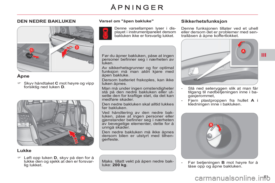 CITROEN C-CROSSER 2012  InstruksjonsbØker (in Norwegian) III
81     
Varsel om "åpen bakluke" 
 
 
Denne varsellampen lyser i dis-
playet i instrumentpanelet dersom 
bakluken ikke er forsvarlig lukket. 
DEN NEDRE BAKLUKEN
   
Åpne
 
 
 
�) 
  Skyv håndta