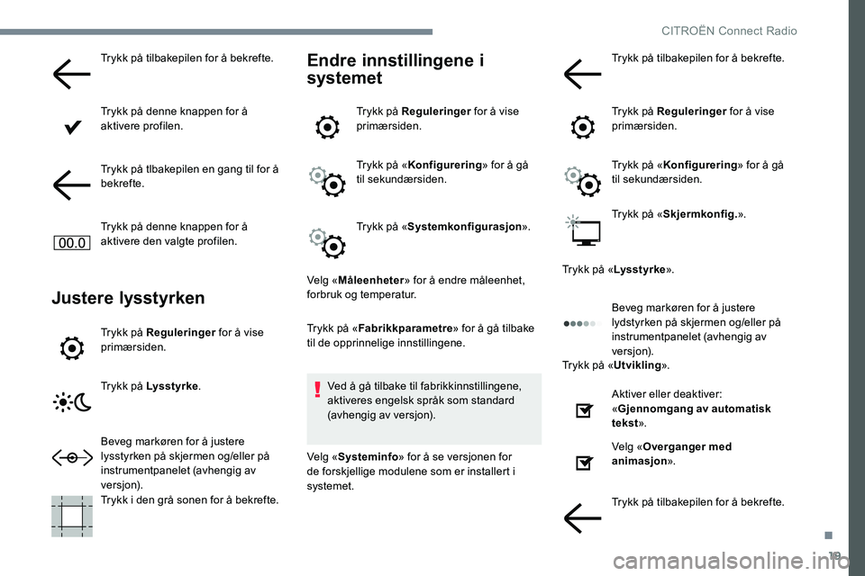CITROEN C-ELYSÉE 2017 InstruksjonsbØker (in Norwegian) 19
Trykk på tilbakepilen for å bekrefte.
Trykk på denne knappen for å
aktivere profilen.
Trykk på tlbakepilen en gang til for å
bekrefte.
Trykk på denne knappen for å
aktivere den valgte pr CITROEN C-ELYSÉE 2017 InstruksjonsbØker (in Norwegian) 19
Trykk på tilbakepilen for å bekrefte.
Trykk på denne knappen for å
aktivere profilen.
Trykk på tlbakepilen en gang til for å
bekrefte.
Trykk på denne knappen for å
aktivere den valgte pr