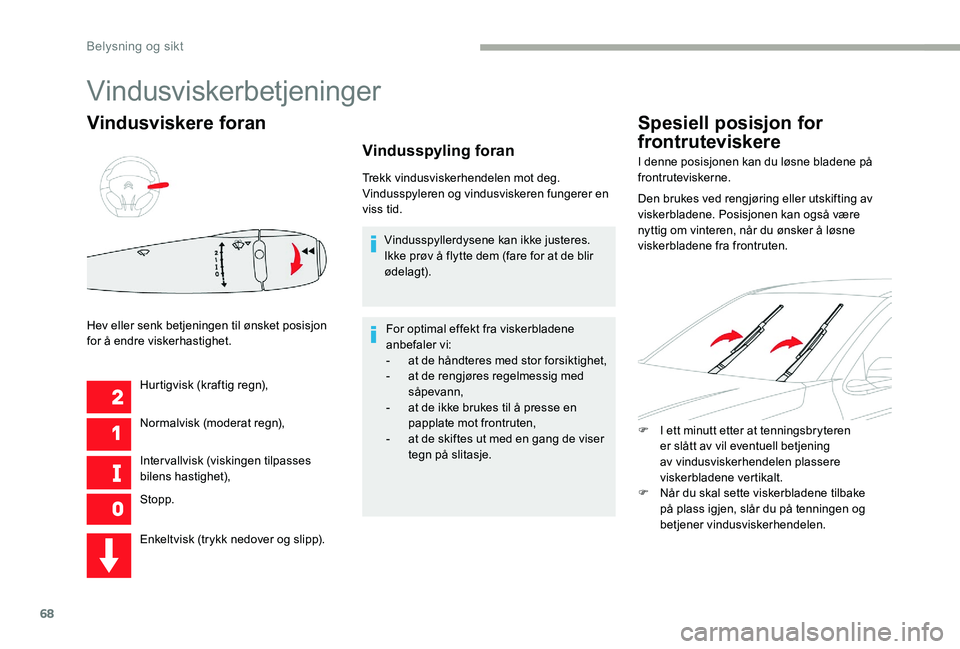 CITROEN C-ELYSÉE 2017 InstruksjonsbØker (in Norwegian) 68
Vindusviskere foran
Hurtigvisk (kraftig regn),
Normalvisk (moderat regn),
Intervallvisk (viskingen tilpasses
bilens hastighet),
Stopp.
Hev eller senk betjeningen til ønsket posisjon
for å endre CITROEN C-ELYSÉE 2017 InstruksjonsbØker (in Norwegian) 68
Vindusviskere foran
Hurtigvisk (kraftig regn),
Normalvisk (moderat regn),
Intervallvisk (viskingen tilpasses
bilens hastighet),
Stopp.
Hev eller senk betjeningen til ønsket posisjon
for å endre