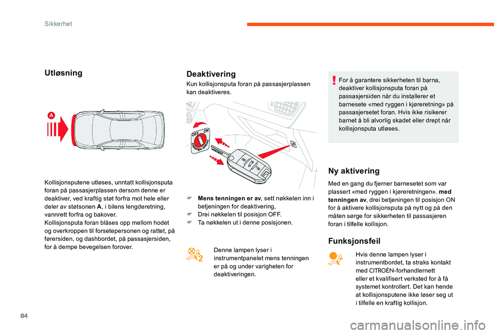 CITROEN C-ELYSÉE 2017 InstruksjonsbØker (in Norwegian) 84
UtløsningDeaktivering
Funksjonsfeil
Hvis denne lampen lyser i
instrumentbordet, ta straks kontakt
med
CITROËN-forhandlernett
eller et kvalifisert verksted for å få
systemet kontrollert. De CITROEN C-ELYSÉE 2017 InstruksjonsbØker (in Norwegian) 84
UtløsningDeaktivering
Funksjonsfeil
Hvis denne lampen lyser i
instrumentbordet, ta straks kontakt
med
CITROËN-forhandlernett
eller et kvalifisert verksted for å få
systemet kontrollert. De