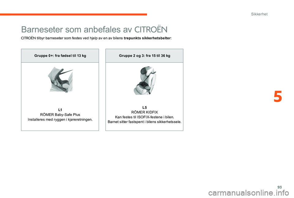 CITROEN C-ELYSÉE 2017 InstruksjonsbØker (in Norwegian) 93
Barneseter som anbefales av CITROËN
CITROËN tilbyr barneseter som festes ved hjelp av en av bilens trepunkts sikkerhetsbelter:
Gruppe 0+: fra fødsel til 13 kg
L1
RÖMER Baby-Safe Plus
Installere CITROEN C-ELYSÉE 2017 InstruksjonsbØker (in Norwegian) 93
Barneseter som anbefales av CITROËN
CITROËN tilbyr barneseter som festes ved hjelp av en av bilens trepunkts sikkerhetsbelter:
Gruppe 0+: fra fødsel til 13 kg
L1
RÖMER Baby-Safe Plus
Installere