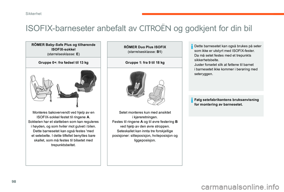 CITROEN C-ELYSÉE 2017 InstruksjonsbØker (in Norwegian) 98
ISOFIX-barneseter anbefalt av CITROËN og godkjent for din bil
RÖMER BabySafe Plus og tilhørende
ISOFIX s okkel
(størrelsesklasse: E )
Gruppe 0+: fra fødsel til 13 kg
Monteres bakovervendt CITROEN C-ELYSÉE 2017 InstruksjonsbØker (in Norwegian) 98
ISOFIX-barneseter anbefalt av CITROËN og godkjent for din bil
RÖMER BabySafe Plus og tilhørende
ISOFIX s okkel
(størrelsesklasse: E )
Gruppe 0+: fra fødsel til 13 kg
Monteres bakovervendt