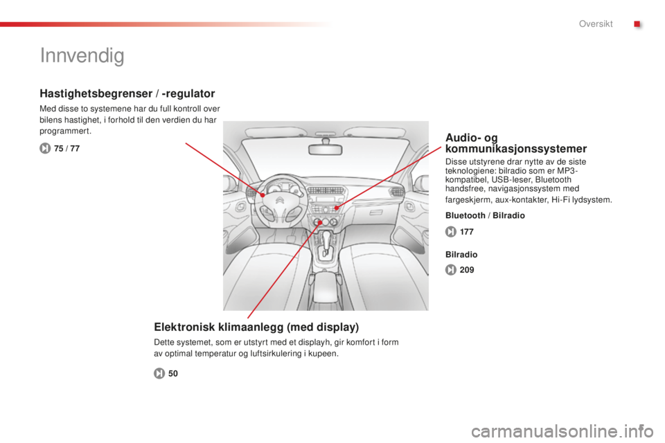 CITROEN C-ELYSÉE 2016  InstruksjonsbØker (in Norwegian) 5
C-Elysee_no_Chap00b_vue-ensemble_ed01-2014
17 7
209
50
75 / 77
Innvendig
Elektronisk klimaanlegg (med display)
Dette systemet, som er utstyrt med et displayh, gir komfort i form 
av optimal temperat