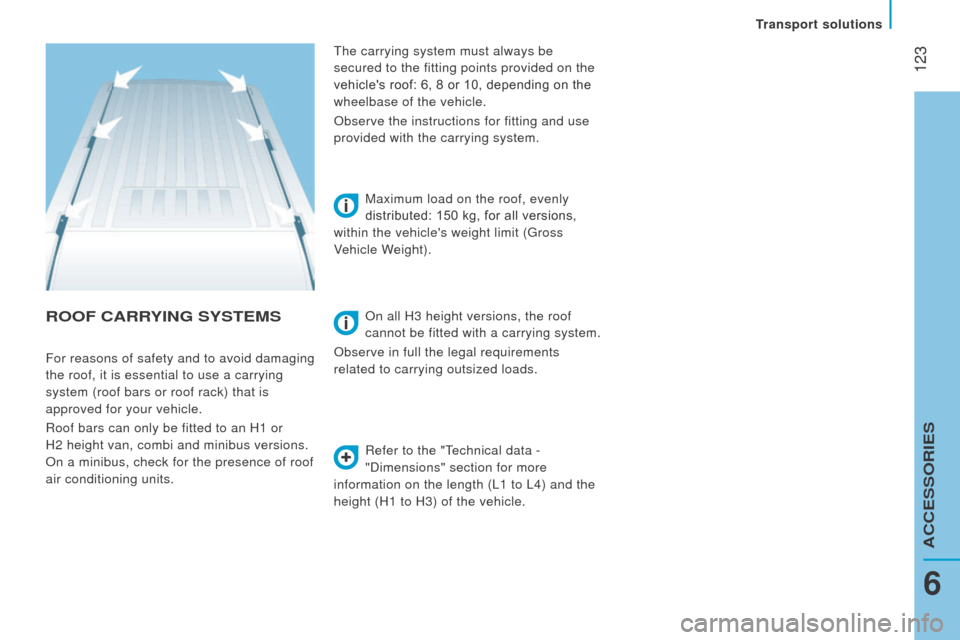 Citroen JUMPER 2016 2.G Owners Manual  123
jumper_en_Chap06_Accessoires_ed01-2015
rOOF cArrYIn G   SYS t EMS
refer to the "Technical data - 
"Dimensions" section for more  
information on the length (L1 to L4) and the 
height (H1 to H3) o