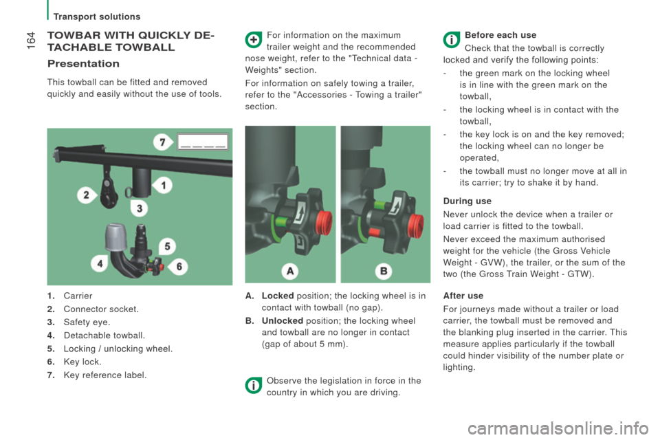 Citroen JUMPER 2016 2.G Owners Manual  164
jumper_en_Chap08_Aide-rapide_ed01-2015
tOWBAr WItH QuIcKLY dE -
t
A
 c HABLE  t
OWBALL
Presentation
This towball can be fitted and removed 
quickly and easily without the use of tools. For inform