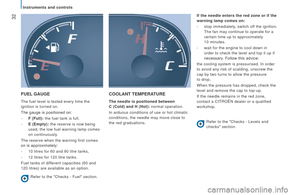 Citroen JUMPER 2016 2.G Owners Manual  32
jumper_en_Chap02_Pret-a-Partir_ed01-2015
FuEL GA u GE
The fuel level is tested every time the 
ignition is turned on.
The gauge is positioned on:
-
 
F (Full):
  the fuel tank is full.
-
 
E (Empt