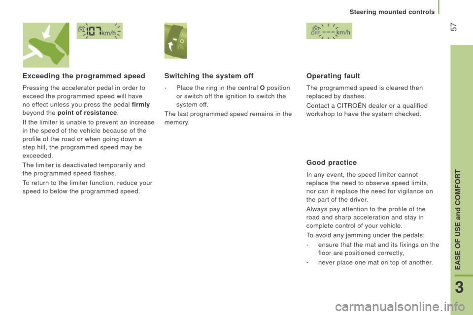 Citroen JUMPER 2016 2.G Workshop Manual  57
jumper_en_Chap03_Ergo-et-confort_ed01-2015
Exceeding the programmed speed
Pressing the accelerator pedal in order to 
exceed the programmed speed will have 
no effect unless you press the pedal fi