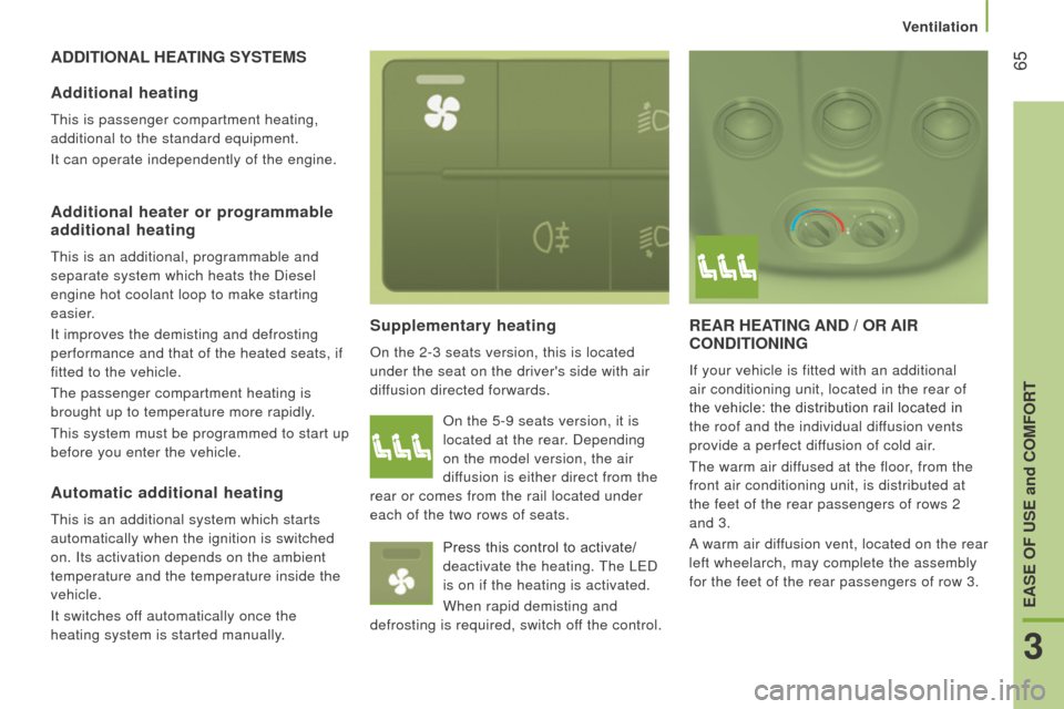 Citroen JUMPER 2016 2.G Owners Manual  65
jumper_en_Chap03_Ergo-et-confort_ed01-2015
AddItIOnAL HEAt I n G   SYS t EMS
Supplementary heating
on the 2-3 seats version, this is located 
under the seat on the drivers side with air  
diffusi