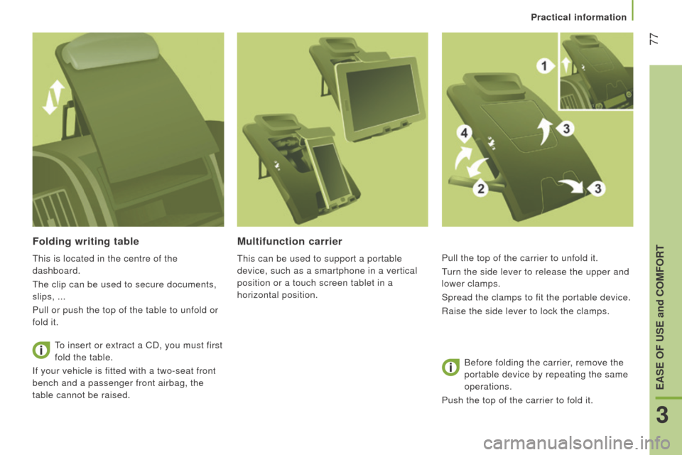 Citroen JUMPER 2016 2.G Owners Manual  77
jumper_en_Chap03_Ergo-et-confort_ed01-2015
Folding writing table
This is located in the centre of the 
dashboard.
The clip can be used to secure documents, 
slips, ...
Pull or push the top of the 