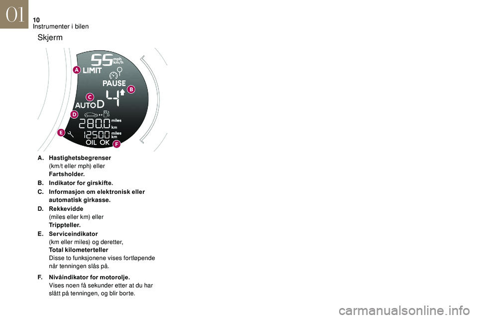 CITROEN DS3 CABRIO 2018  InstruksjonsbØker (in Norwegian) 10
A.Hastighetsbegrenser
(km/t eller mph) eller
Fa r t sh o l d e r.
B. Indikator for girskifte.
C. Informasjon om elektronisk eller 
automatisk girkasse.
D. Rekkevidde
(miles eller km) eller
Tripptel