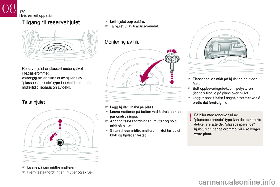 CITROEN DS3 CABRIO 2018  InstruksjonsbØker (in Norwegian) 170
Tilgang til reservehjulet
Ta ut hjuletMontering av hjul
Reservehjulet er plassert under gulvet 
i 
bagasjerommet.
Avhengig av land kan et av hjulene av 
"plassbesparende" type inneholde se