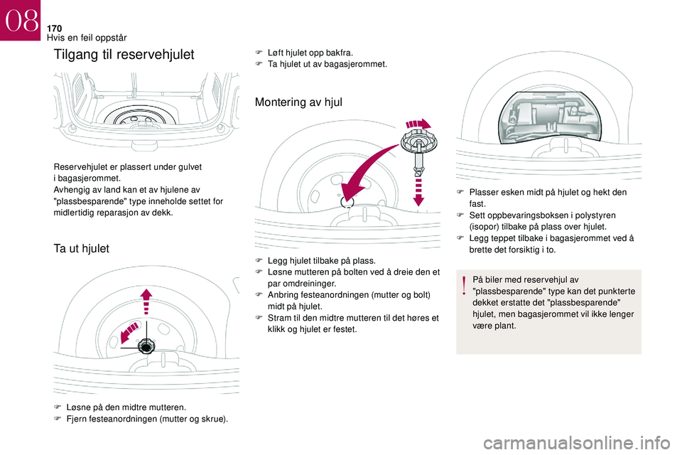CITROEN DS3 2018 InstruksjonsbØker (in Norwegian) 170
Tilgang til reservehjulet
Ta ut hjuletMontering av hjul
Reservehjulet er plassert under gulvet
i
bagasjerommet.
Avhengig av land kan et av hjulene av
"plassbesparende" type inneholde se CITROEN DS3 2018 InstruksjonsbØker (in Norwegian) 170
Tilgang til reservehjulet
Ta ut hjuletMontering av hjul
Reservehjulet er plassert under gulvet
i
bagasjerommet.
Avhengig av land kan et av hjulene av
"plassbesparende" type inneholde se