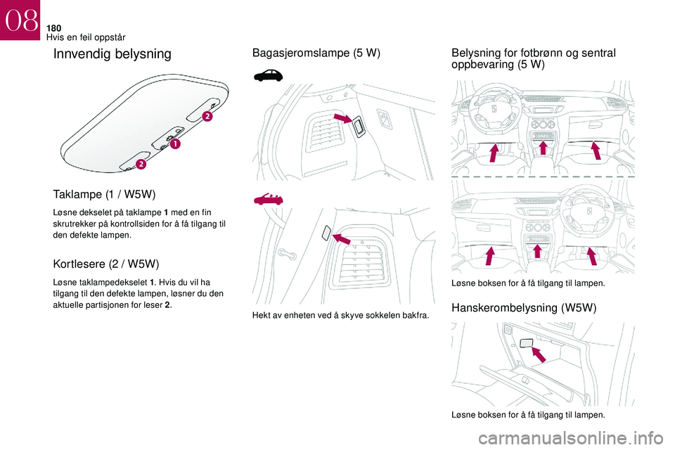 CITROEN DS3 2018 InstruksjonsbØker (in Norwegian) 180
Innvendig belysning
Taklampe (1 / W5W)
Løsne dekselet på taklampe 1 med en fin
s krutrekker på kontrollsiden for å få tilgang til
den defekte lampen.
Kortlesere (2 / W5W)
Løsne taklampedek CITROEN DS3 2018 InstruksjonsbØker (in Norwegian) 180
Innvendig belysning
Taklampe (1 / W5W)
Løsne dekselet på taklampe 1 med en fin
s krutrekker på kontrollsiden for å få tilgang til
den defekte lampen.
Kortlesere (2 / W5W)
Løsne taklampedek