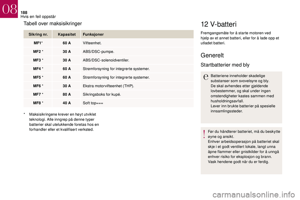 CITROEN DS3 2018 InstruksjonsbØker (in Norwegian) 188
12 V-batteri
Fremgangsmåte for å starte motoren ved
hjelp av et annet batteri, eller for å lade opp et
utladet batteri.
Generelt
Startbatterier med bly
Batteriene inneholder skadelige
substa CITROEN DS3 2018 InstruksjonsbØker (in Norwegian) 188
12 V-batteri
Fremgangsmåte for å starte motoren ved
hjelp av et annet batteri, eller for å lade opp et
utladet batteri.
Generelt
Startbatterier med bly
Batteriene inneholder skadelige
substa