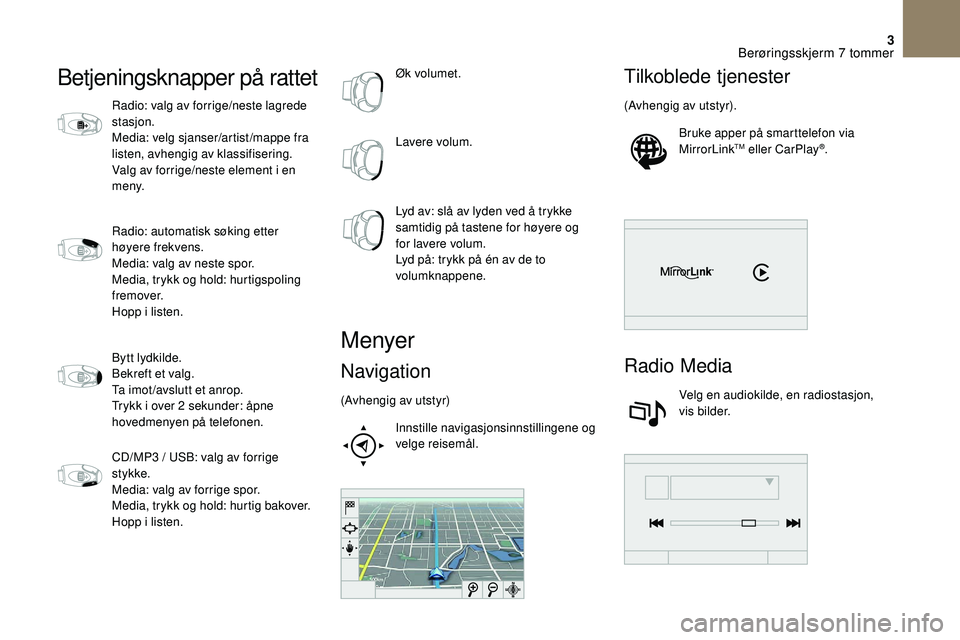 CITROEN DS3 CABRIO 2018  InstruksjonsbØker (in Norwegian) 3
Betjeningsknapper på rattet
Radio: valg av forrige/neste lagrede 
stasjon.
Media: velg sjanser/artist /mappe fra 
listen, avhengig av klassifisering.
Valg av forrige/neste element i  en 
m e ny.
Ra