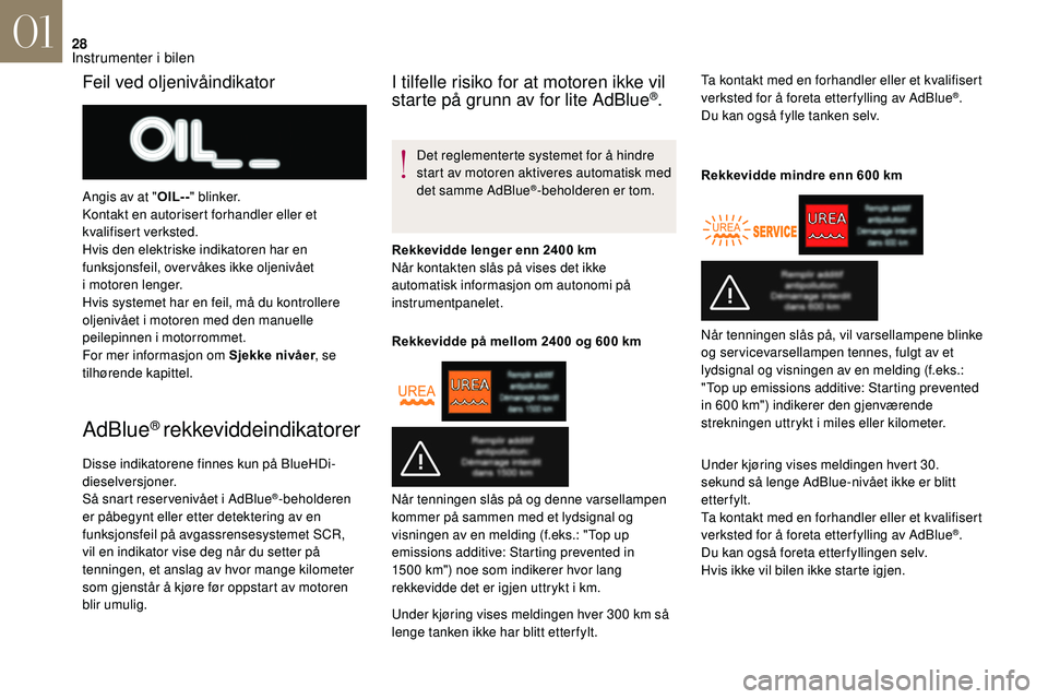 CITROEN DS3 2018 InstruksjonsbØker (in Norwegian) 28
AdBlue® rekkeviddeindikatorer
Disse indikatorene finnes kun på BlueHDi-
dieselversjoner.
Så snart reser venivået i AdBlue
®-beholderen
er påbegynt eller etter detektering av en
funksjonsfe CITROEN DS3 2018 InstruksjonsbØker (in Norwegian) 28
AdBlue® rekkeviddeindikatorer
Disse indikatorene finnes kun på BlueHDi-
dieselversjoner.
Så snart reser venivået i AdBlue
®-beholderen
er påbegynt eller etter detektering av en
funksjonsfe