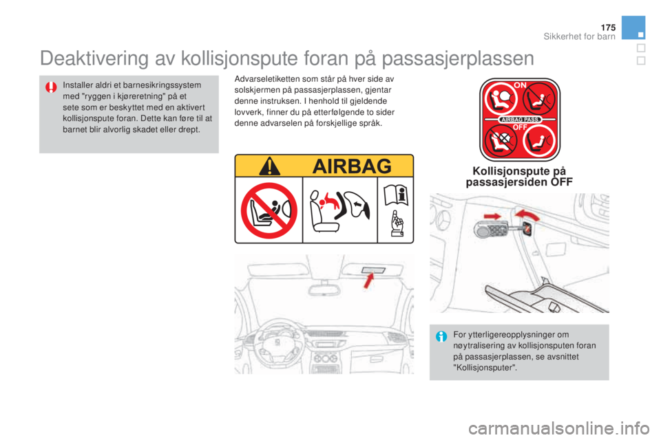 CITROEN DS3 2017 InstruksjonsbØker (in Norwegian) 175
DS3_no_Chap07_securite-enfants_ed02-2015
Deaktivering av kollisjonspute foran på passasjerplassen
Installer aldri et barnesikringssystem
med "ryggen i kjøreretning" på et
sete som er CITROEN DS3 2017 InstruksjonsbØker (in Norwegian) 175
DS3_no_Chap07_securite-enfants_ed02-2015
Deaktivering av kollisjonspute foran på passasjerplassen
Installer aldri et barnesikringssystem
med "ryggen i kjøreretning" på et
sete som er