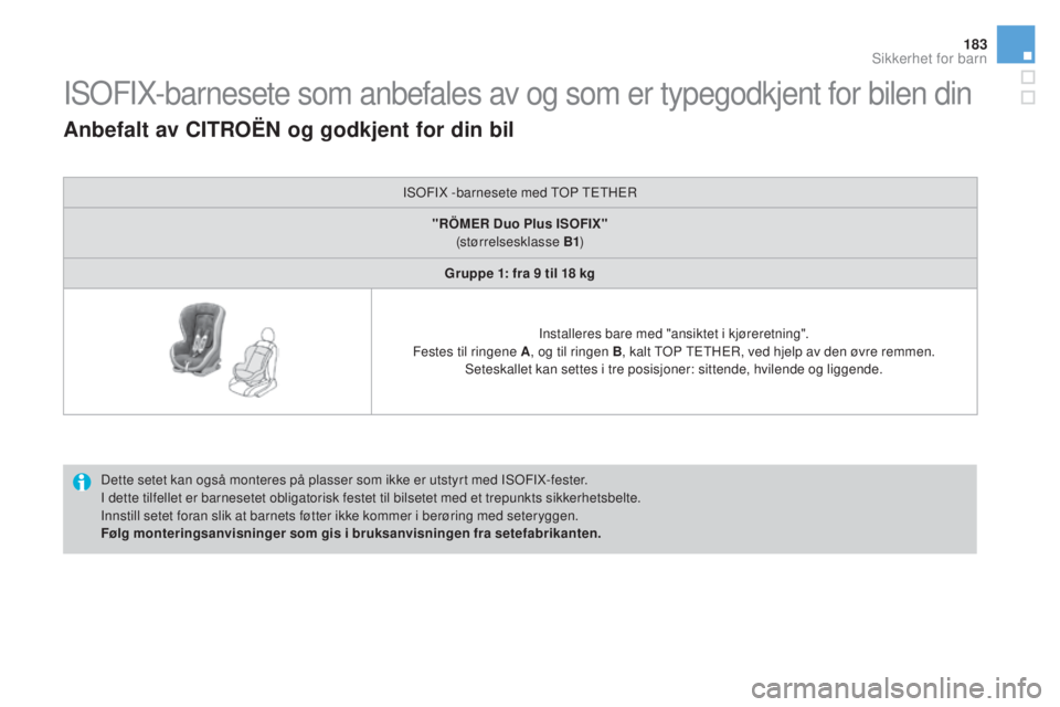 CITROEN DS3 2017 InstruksjonsbØker (in Norwegian) 183
DS3_no_Chap07_securite-enfants_ed02-2015
ISOFIX-barnesete som anbefales av og som er typegodkjent for bilen din
Dette setet kan også monteres på plasser som ikke er utstyrt med ISOFIX-fester.
I CITROEN DS3 2017 InstruksjonsbØker (in Norwegian) 183
DS3_no_Chap07_securite-enfants_ed02-2015
ISOFIX-barnesete som anbefales av og som er typegodkjent for bilen din
Dette setet kan også monteres på plasser som ikke er utstyrt med ISOFIX-fester.
I