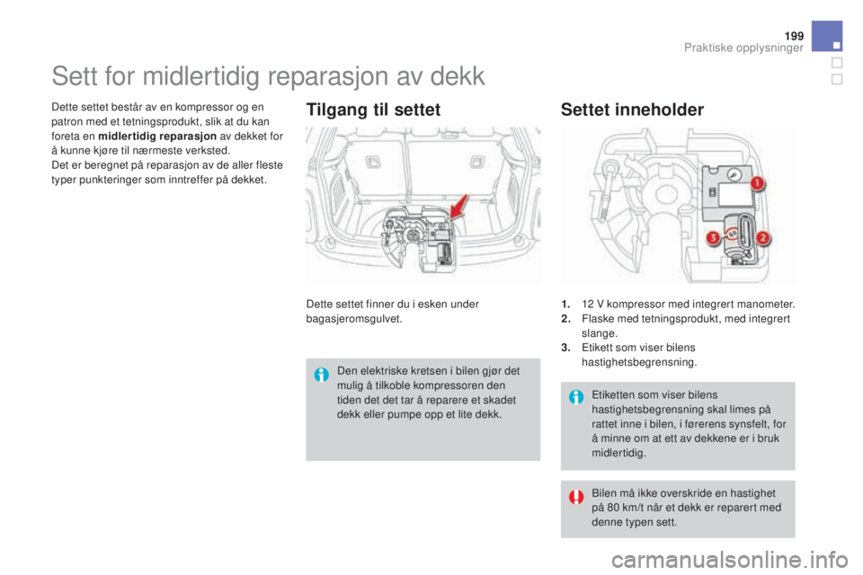 CITROEN DS3 2017  InstruksjonsbØker (in Norwegian) 199
DS3_no_Chap08_info-pratiques_ed02-2015
Etiketten som viser bilens 
hastighetsbegrensning skal limes på 
rattet inne i bilen, i førerens synsfelt, for 
å minne om at ett av dekkene er i bruk 
mi