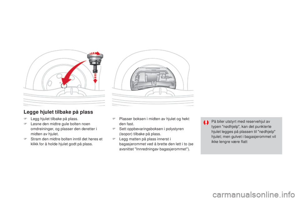 CITROEN DS3 2017  InstruksjonsbØker (in Norwegian) DS3_no_Chap08_info-pratiques_ed02-2015
Legge hjulet tilbake på plass
F Plasser boksen i midten av hjulet og hekt 
den fast.
F
 Se

tt oppbevaringsboksen i polystyren 
(isopor) tilbake på plass.
F
 L