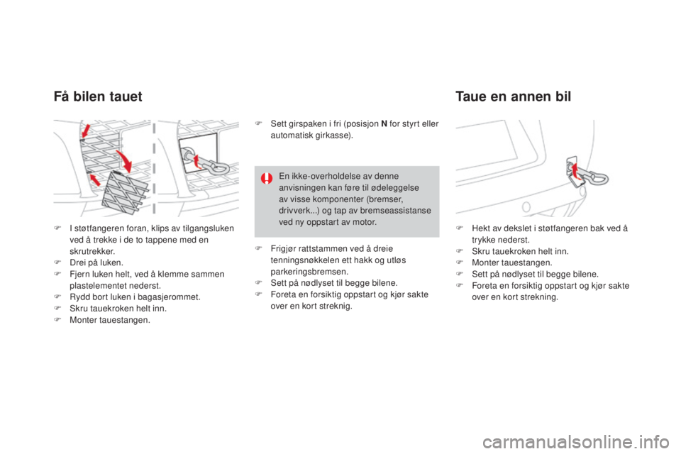 CITROEN DS3 2017  InstruksjonsbØker (in Norwegian) DS3_no_Chap08_info-pratiques_ed02-2015
F I støtfangeren foran, klips av tilgangsluken 
ved å trekke i de to tappene med en 
skrutrekker.
F
 Dr

ei på luken.
F
 Fj

ern luken helt, ved å klemme sam