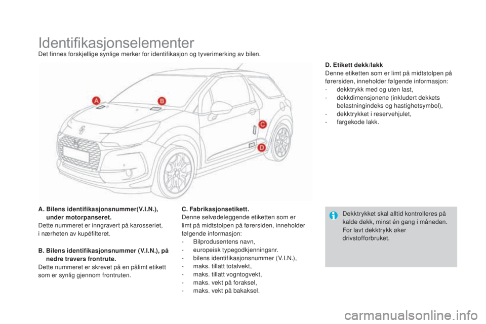 CITROEN DS3 2017 InstruksjonsbØker (in Norwegian) DS3_no_Chap10_caracteristiques_ed02-2015
IdentifikasjonselementerDet finnes forskjellige synlige merker for identifikasjon og tyverimerking av bilen.
A.
Bi
lens identifikasjonsnummer(V.I.
n.)
,
un CITROEN DS3 2017 InstruksjonsbØker (in Norwegian) DS3_no_Chap10_caracteristiques_ed02-2015
IdentifikasjonselementerDet finnes forskjellige synlige merker for identifikasjon og tyverimerking av bilen.
A.
Bi
lens identifikasjonsnummer(V.I.
n.)
,
un