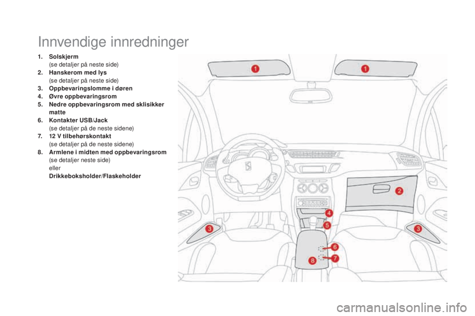CITROEN DS3 2017 InstruksjonsbØker (in Norwegian) DS3_no_Chap03_confort_ed02-2015
Innvendige innredninger
1. Solskjerm (s
e detaljer på neste side)
2.
Ha
nskerom med lys
(s
e detaljer på neste side)
3.
Op
pbevaringslomme i døren
4.
Øv
CITROEN DS3 2017 InstruksjonsbØker (in Norwegian) DS3_no_Chap03_confort_ed02-2015
Innvendige innredninger
1. Solskjerm (s
e detaljer på neste side)
2.
Ha
nskerom med lys
(s
e detaljer på neste side)
3.
Op
pbevaringslomme i døren
4.
Øv