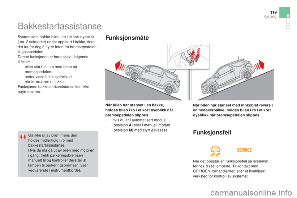 CITROEN DS3 2016  InstruksjonsbØker (in Norwegian) 11 9
DS3_no_Chap04_conduite_ed01-2015
Bakkestartassistanse
System som holder bilen i ro i et kort øyeblikk 
( ca. 2 sekunder) under oppstart i bakke, tiden 
det tar for deg å flytte foten fra bremse