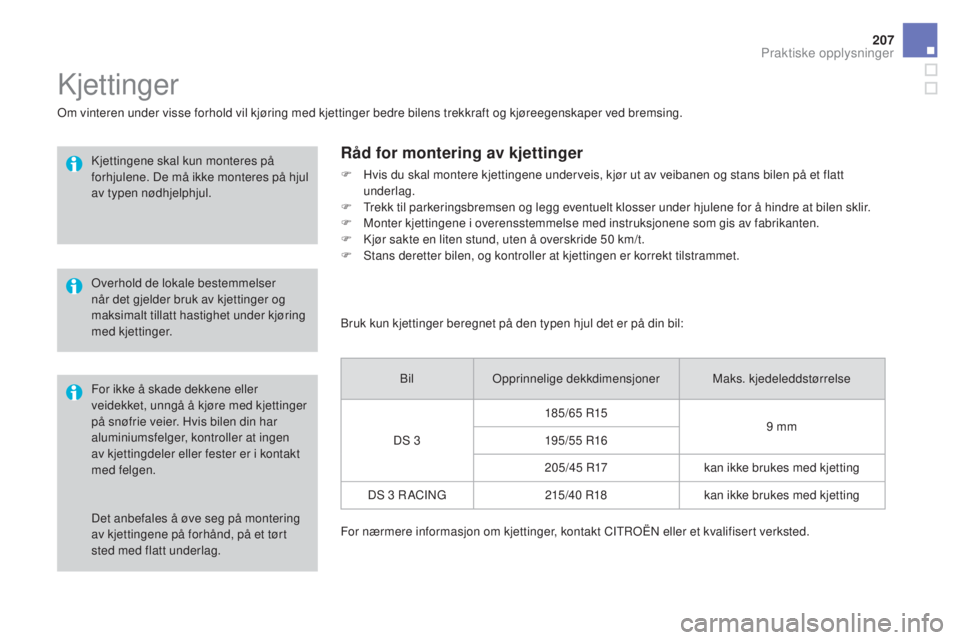 CITROEN DS3 2016  InstruksjonsbØker (in Norwegian) 207
DS3_no_Chap08_info-pratiques_ed01-2015
Det anbefales å øve seg på montering 
av kjettingene på forhånd, på et tørt 
sted med flatt underlag.
Kjettinger
Om vinteren under visse forhold vil k