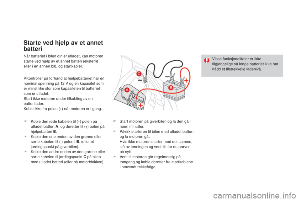 CITROEN DS3 2016 InstruksjonsbØker (in Norwegian) DS3_no_Chap08_info-pratiques_ed01-2015
Når batteriet i bilen din er utladet, kan motoren
starte ved hjelp av et annet batteri (eksternt
eller i en annen bil), og startkabler.
Starte ved hjelp av et CITROEN DS3 2016 InstruksjonsbØker (in Norwegian) DS3_no_Chap08_info-pratiques_ed01-2015
Når batteriet i bilen din er utladet, kan motoren
starte ved hjelp av et annet batteri (eksternt
eller i en annen bil), og startkabler.
Starte ved hjelp av et