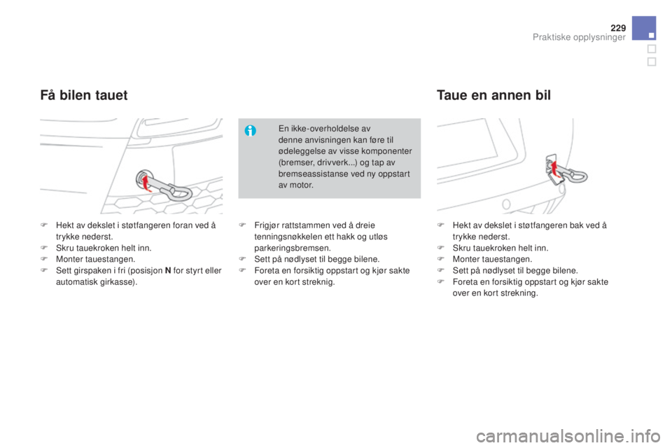 CITROEN DS3 2016  InstruksjonsbØker (in Norwegian) 229
DS3_no_Chap08_info-pratiques_ed01-2015
F Hekt av dekslet i støtfangeren foran ved å trykke nederst.
F
 
S
 kru tauekroken helt inn.
F
 
M
 onter tauestangen.
F
 
S
 ett girspaken i fri (posisjon