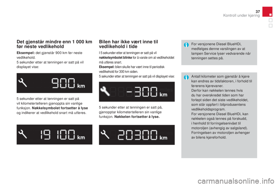 CITROEN DS3 2016 InstruksjonsbØker (in Norwegian) 37
DS3_no_Chap01_controle-de-marche_ed01-2015
Det gjenstår mindre enn 1 000 km
før neste vedlikehold
Eksempel: det gjenstår 900 km før neste
vedlikehold.
5 sekunder etter at tenningen er satt pà CITROEN DS3 2016 InstruksjonsbØker (in Norwegian) 37
DS3_no_Chap01_controle-de-marche_ed01-2015
Det gjenstår mindre enn 1 000 km
før neste vedlikehold
Eksempel: det gjenstår 900 km før neste
vedlikehold.
5 sekunder etter at tenningen er satt pÃ
