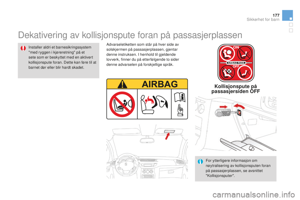 CITROEN DS3 2015 InstruksjonsbØker (in Norwegian) 177
DS3_no_Chap09_securite-enfants_ed01-2014
Dekativering av kollisjonspute foran på passasjerplassen
installer aldri et barnesikringssystem
"med ryggen i kjøreretning" på et
sete som er CITROEN DS3 2015 InstruksjonsbØker (in Norwegian) 177
DS3_no_Chap09_securite-enfants_ed01-2014
Dekativering av kollisjonspute foran på passasjerplassen
installer aldri et barnesikringssystem
"med ryggen i kjøreretning" på et
sete som er