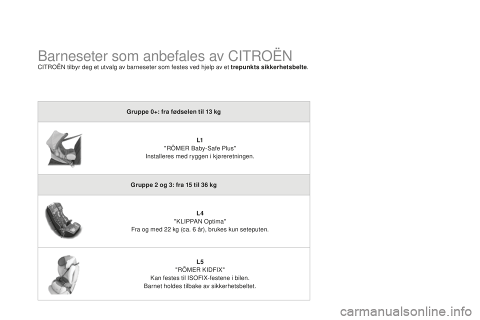 CITROEN DS3 2015 InstruksjonsbØker (in Norwegian) DS3_no_Chap09_securite-enfants_ed01-2014
Barneseter som anbefales av CiTrOËnCiTrOËn tilbyr deg et utvalg av barneseter som festes ved hjelp av et trepunkts sikkerhetsbelte .
Gruppe 0+: fra fødselen CITROEN DS3 2015 InstruksjonsbØker (in Norwegian) DS3_no_Chap09_securite-enfants_ed01-2014
Barneseter som anbefales av CiTrOËnCiTrOËn tilbyr deg et utvalg av barneseter som festes ved hjelp av et trepunkts sikkerhetsbelte .
Gruppe 0+: fra fødselen