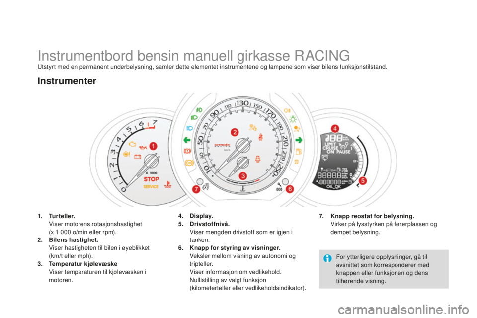 CITROEN DS3 2015 InstruksjonsbØker (in Norwegian) DS3_no_Chap01_controle-de-marche_ed01-2014
instrumentbord bensin manuell girkasse raCi ngutstyrt med en permanent underbelysning, samler dette elementet instrumentene og lampene som viser bilens funks CITROEN DS3 2015 InstruksjonsbØker (in Norwegian) DS3_no_Chap01_controle-de-marche_ed01-2014
instrumentbord bensin manuell girkasse raCi ngutstyrt med en permanent underbelysning, samler dette elementet instrumentene og lampene som viser bilens funks