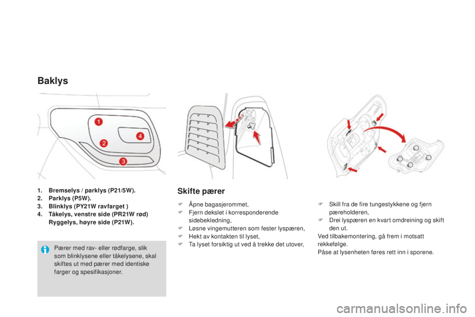 CITROEN DS3 2015 InstruksjonsbØker (in Norwegian) DS3_no_Chap10_info-pratiques_ed01-2014
1. Bremselys / parklys (P21/5W).
2. Parklys (P5W).
3.
B
linklys (PY21W ravfarget )
4.
T
åkelys, venstre side (PR21W rød)
R
yggelys, høyre side (P21W).
CITROEN DS3 2015 InstruksjonsbØker (in Norwegian) DS3_no_Chap10_info-pratiques_ed01-2014
1. Bremselys / parklys (P21/5W).
2. Parklys (P5W).
3.
B
linklys (PY21W ravfarget )
4.
T
åkelys, venstre side (PR21W rød)
R
yggelys, høyre side (P21W).