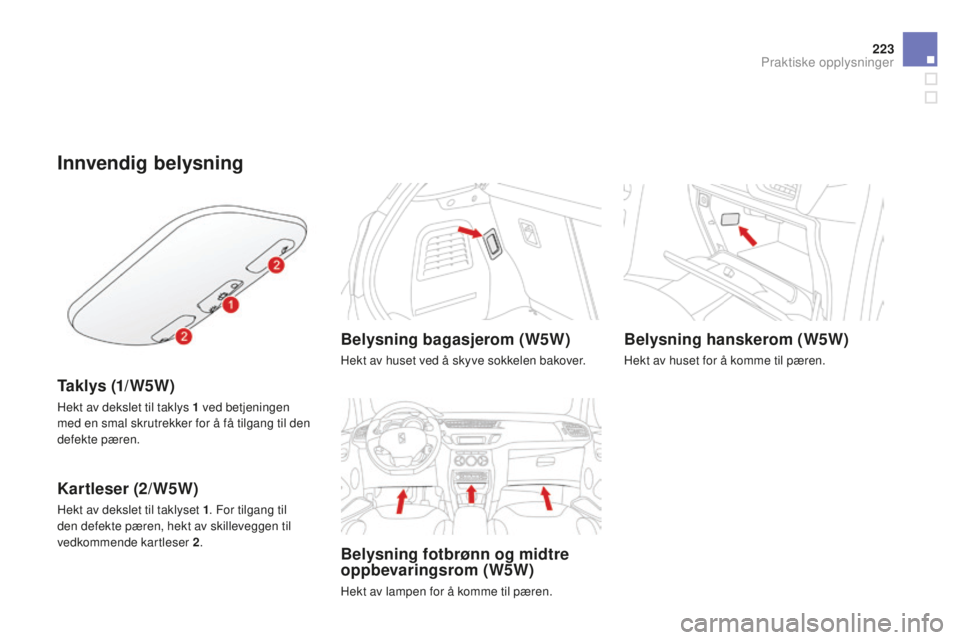 CITROEN DS3 2015 InstruksjonsbØker (in Norwegian) 223
DS3_no_Chap10_info-pratiques_ed01-2014
Innvendig belysning
Ta k l y s (1/ W 5 W )
Hekt av dekslet til taklys 1 ved betjeningen
m ed en smal skrutrekker for å få tilgang til den
defekte pæren CITROEN DS3 2015 InstruksjonsbØker (in Norwegian) 223
DS3_no_Chap10_info-pratiques_ed01-2014
Innvendig belysning
Ta k l y s (1/ W 5 W )
Hekt av dekslet til taklys 1 ved betjeningen
m ed en smal skrutrekker for å få tilgang til den
defekte pæren