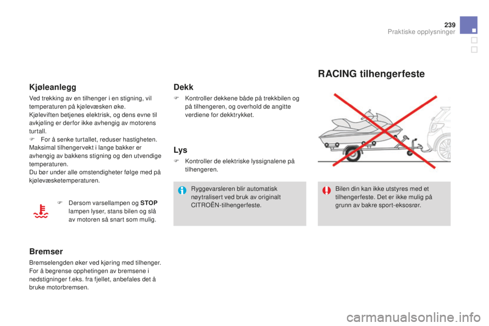 CITROEN DS3 2015 InstruksjonsbØker (in Norwegian) 239
DS3_no_Chap10_info-pratiques_ed01-2014
RAcING tilhengerfeste
Bilen din kan ikke utstyres med et
tilhenger feste. Det er ikke mulig på
grunn av bakre sport-eksosrør.
dekk
F kontroller dekkene CITROEN DS3 2015 InstruksjonsbØker (in Norwegian) 239
DS3_no_Chap10_info-pratiques_ed01-2014
RAcING tilhengerfeste
Bilen din kan ikke utstyres med et
tilhenger feste. Det er ikke mulig på
grunn av bakre sport-eksosrør.
dekk
F kontroller dekkene