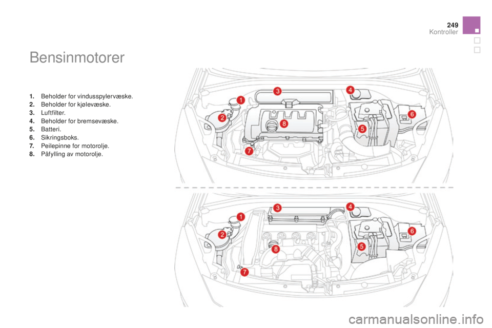 CITROEN DS3 2015 InstruksjonsbØker (in Norwegian) 249
DS3_no_Chap11_verifications_ed01-2014
Bensinmotorer
1. Beholder for vindusspylervæske.
2. Beholder for kjølevæske.
3.
Luftfilter.
4.
B
eholder for bremsevæske.
5.
Batteri.
6.
Sikrin CITROEN DS3 2015 InstruksjonsbØker (in Norwegian) 249
DS3_no_Chap11_verifications_ed01-2014
Bensinmotorer
1. Beholder for vindusspylervæske.
2. Beholder for kjølevæske.
3.
Luftfilter.
4.
B
eholder for bremsevæske.
5.
Batteri.
6.
Sikrin