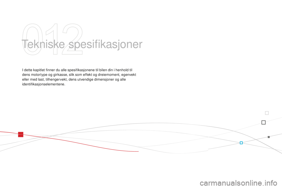 CITROEN DS3 2015 InstruksjonsbØker (in Norwegian) DS3_no_Chap12_caracteristiques_ed01-2014
Tekniske spesifikasjoner
i dette kapitlet finner du alle spesifikasjonene til bilen din i henhold til
d ens motortype og girkasse, slik som effekt og dreiemom CITROEN DS3 2015 InstruksjonsbØker (in Norwegian) DS3_no_Chap12_caracteristiques_ed01-2014
Tekniske spesifikasjoner
i dette kapitlet finner du alle spesifikasjonene til bilen din i henhold til
d ens motortype og girkasse, slik som effekt og dreiemom