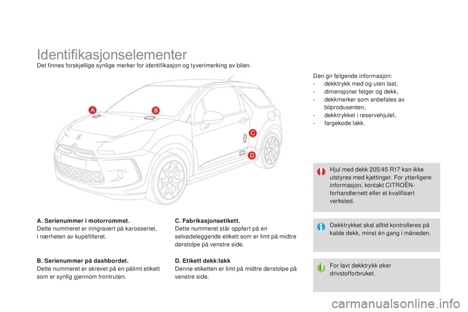 CITROEN DS3 2015 InstruksjonsbØker (in Norwegian) DS3_no_Chap12_caracteristiques_ed01-2014
IdentifikasjonselementerDet finnes forskjellige synlige merker for identifikasjon og tyverimerking av bilen.
A. Serienummer i motorrommet.
Dette nummeret er in CITROEN DS3 2015 InstruksjonsbØker (in Norwegian) DS3_no_Chap12_caracteristiques_ed01-2014
IdentifikasjonselementerDet finnes forskjellige synlige merker for identifikasjon og tyverimerking av bilen.
A. Serienummer i motorrommet.
Dette nummeret er in