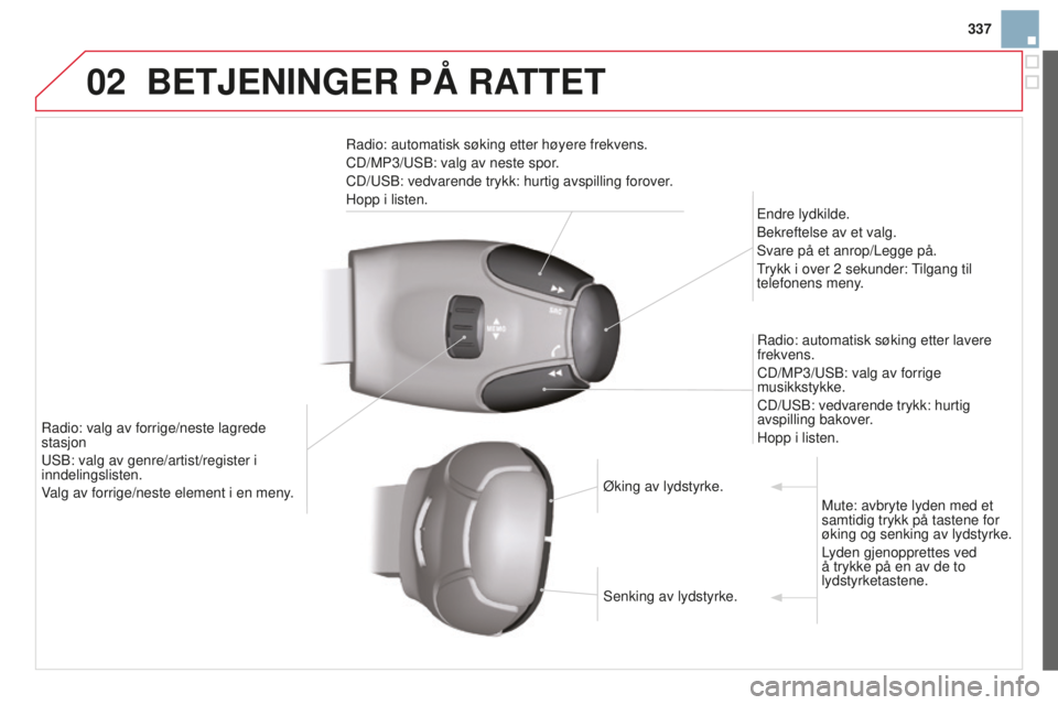 CITROEN DS3 2015  InstruksjonsbØker (in Norwegian) 02
337
DS3_no_Chap13c_rD45_ed01_2014
BETJENINGER PÅ RATTET
radio: automatisk søking etter høyere frekvens.
CD/MP3/ u SB: valg av neste spor.
CD/
u SB: vedvarende trykk: hurtig avspilling forover.
H