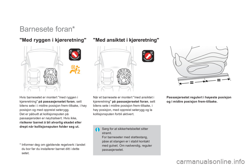 CITROEN DS3 2014 InstruksjonsbØker (in Norwegian)
Barnesete foran *
"Med ryggen i kjøreretning"
"Med ansiktet i kjøreretning"
Passasjersetet reguler t i høyeste posisjon
og i midtre posisjon frem-tilbake.
*
Informer deg CITROEN DS3 2014 InstruksjonsbØker (in Norwegian)
Barnesete foran *
"Med ryggen i kjøreretning"
"Med ansiktet i kjøreretning"
Passasjersetet reguler t i høyeste posisjon
og i midtre posisjon frem-tilbake.
*
Informer deg